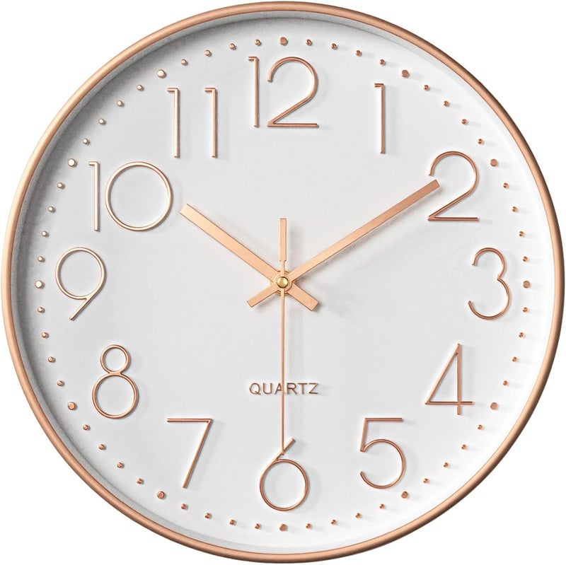 Rose Gold Wall Clock, Round Design, 12 Silent Quartz, Non-Ticking, Large Numbers, Easy Install, For Office And Living Room, White+Rose Gold - Image 1