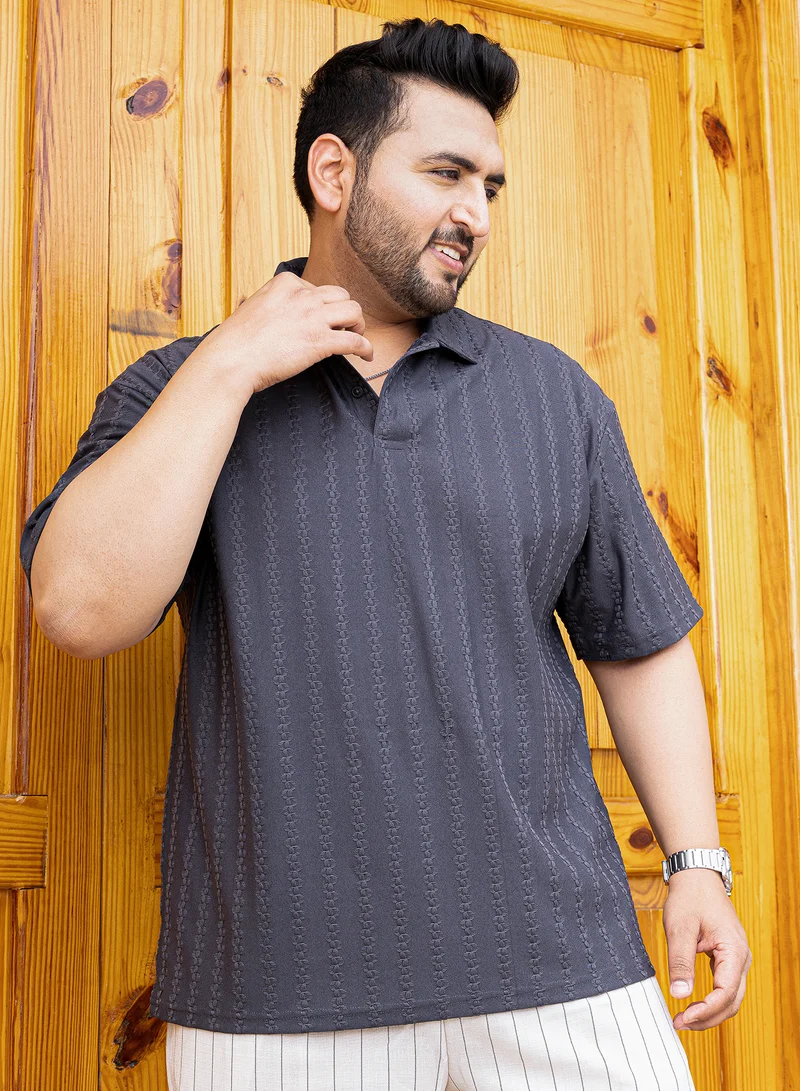 انستافاب بلس Instafab Plus Men's Grey Spiralknot-Tactile Polo T-Shirt For Casual Wear | Polo Neck | Short Regular Sleeves | Half-Button Closure | Plus Size T-Shirt Crafted With Comfort Fit For Everyday Wear