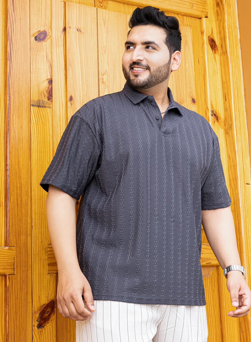 انستافاب بلس Instafab Plus Men's Grey Spiralknot-Tactile Polo T-Shirt For Casual Wear | Polo Neck | Short Regular Sleeves | Half-Button Closure | Plus Size T-Shirt Crafted With Comfort Fit For Everyday Wear
