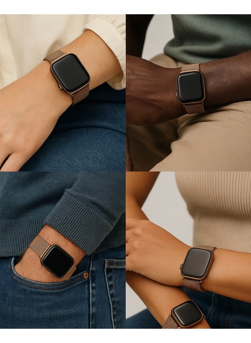 سوار ميلانيز مزدوج الحلقة من شبكة الستانلس ستيل متوافق مع Apple Watch مقاس 42/44/45/46/49 مم، للمقاسات الكبيرة فقط، بإغلاق مغناطيسي، مناسب لـ Series 1–10 و SE و Ultra - Image 2
