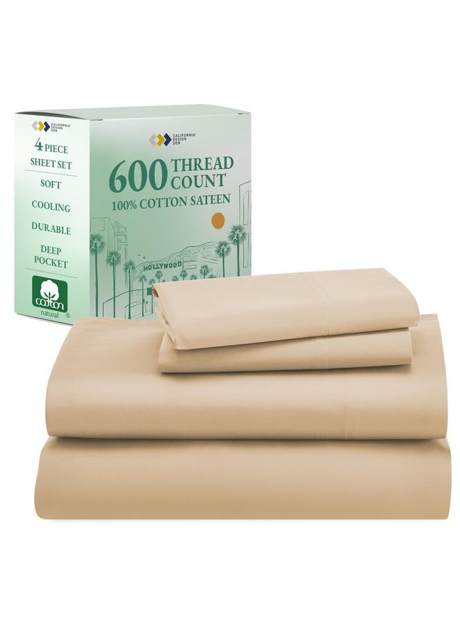 California Design Den - California Design Den 600 Thread Count Sheets Queen 100% Cotton Sateen, Soft, Cooling Extra Deep Pocket Sheet, Hotel-Quality Bedding Sheets & Pillowcases (Tan-Beige) - Image 1