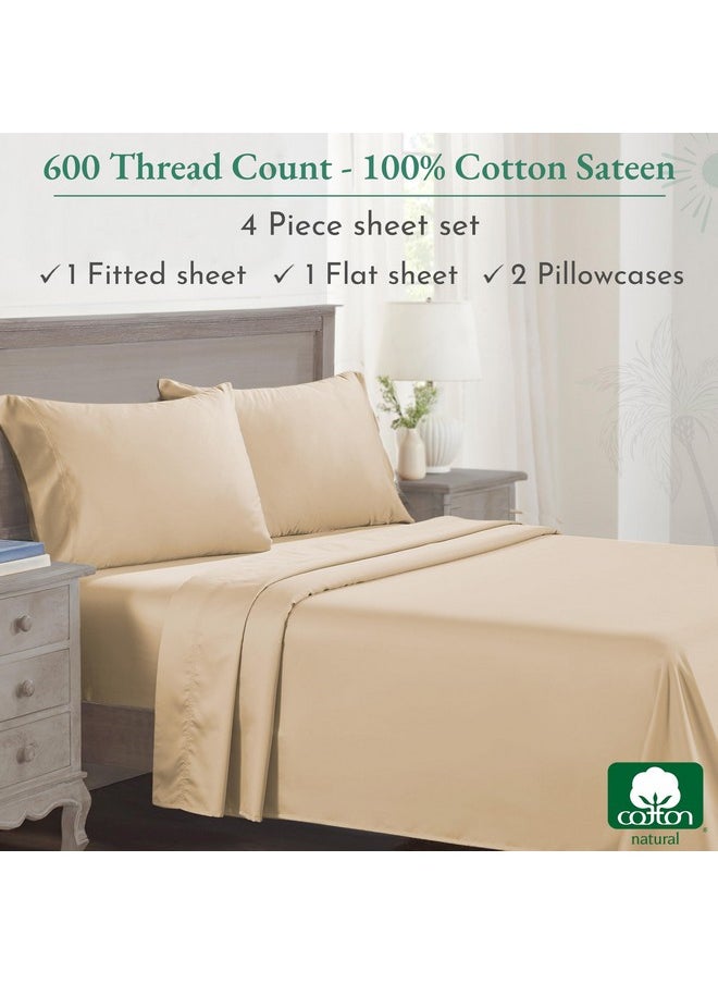 California Design Den - California Design Den 600 Thread Count Sheets Queen 100% Cotton Sateen, Soft, Cooling Extra Deep Pocket Sheet, Hotel-Quality Bedding Sheets & Pillowcases (Tan-Beige) - Image 1