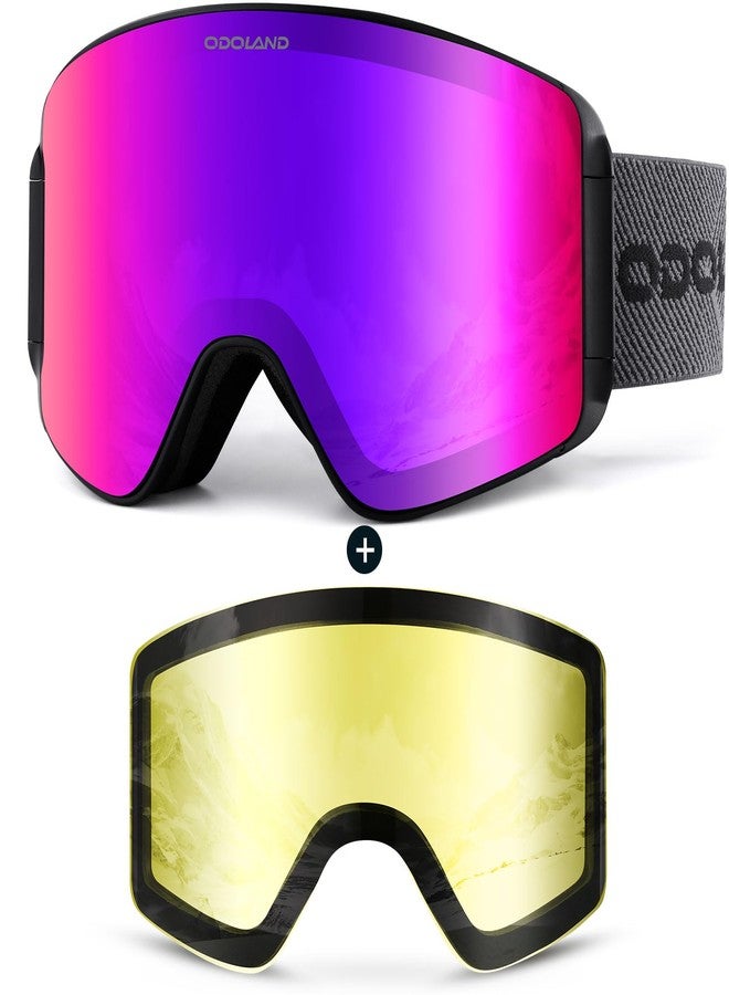 Odoland Ski Goggles Set with Detachable Lens, Frameless Interchangeable Lens, Anti-Fog UV Protection Snow Goggles for Men and Women, Helmet Compatible - Cyan Frame Silvery Lens - Image 1