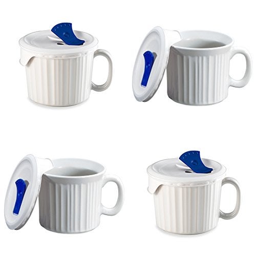 كوب كورنينغ وير فرنسي أبيض بسعة 20 أونصة مع غطاء بلاستيكي مزود بفتحات زرقاء