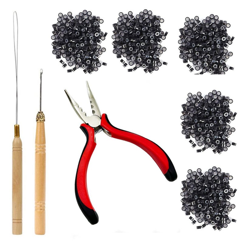 Peiyulex Hair Extensions Tools Kit Professional Hair Styling Tools Accessory 500 Pcs Micro Ring Beads 1 Hair Extension Plier 2 Hook Needle Pulling Loop Hair Extensions Bead Device Black