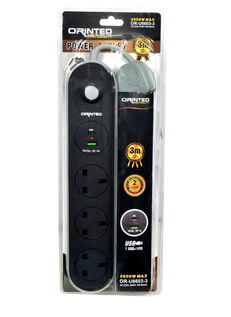 ماركة غير محددة - توصيلة كهربائية ORINTED بثلاثة منافذ قوية ومتينة 2500وات  مع مدخل usb وbd طول ثلاثة متر - Image 1