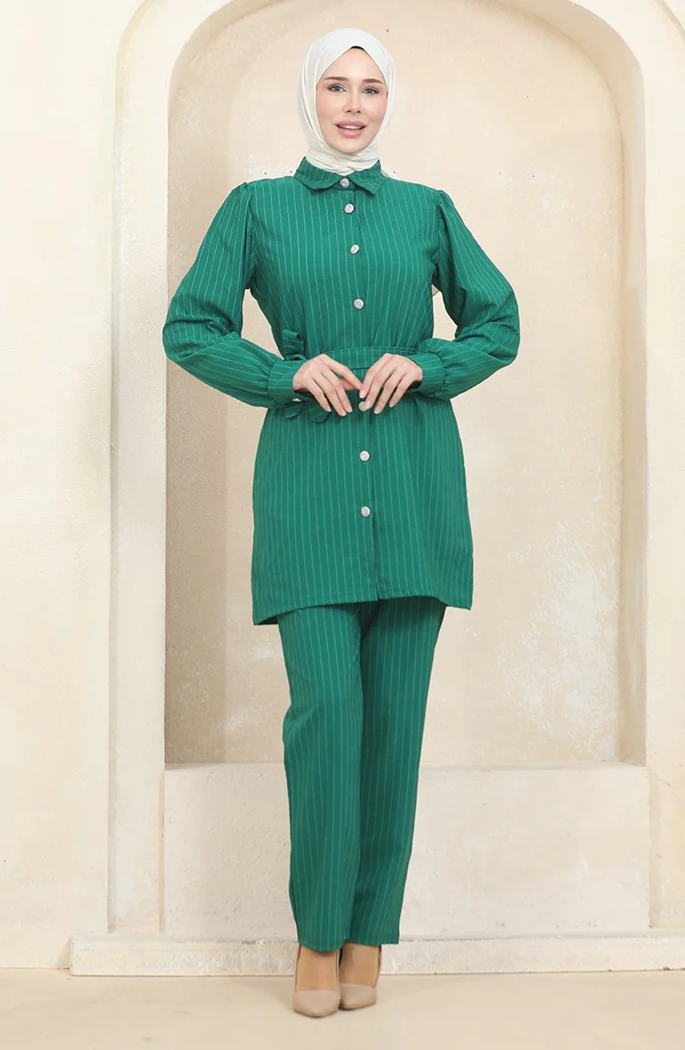 Sefa Merve Buttoned Striped Suit 0435-02 Green