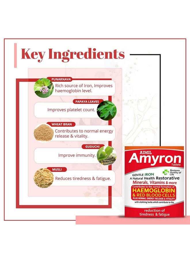 AIMIL Amyron Tablet - 30 Tablets (Pack of 3)|Enriched with Vitamin Rich Herbs & Minerals for Unisex of All Ages|Reduces Tiredness & Fatigue|Improves Haemoglobin Level, 210 grams - Image 3
