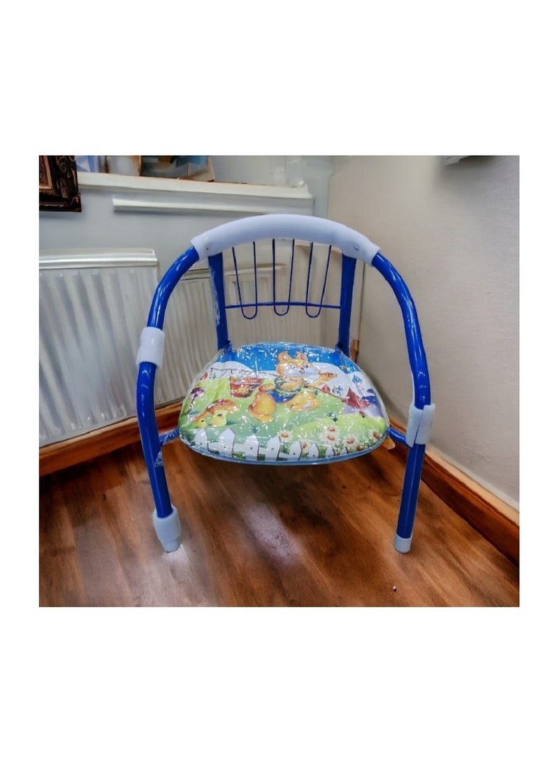 A multi-colored cartoon design children's chair with a metal backrest frame and a soft seating cushion - Image 1