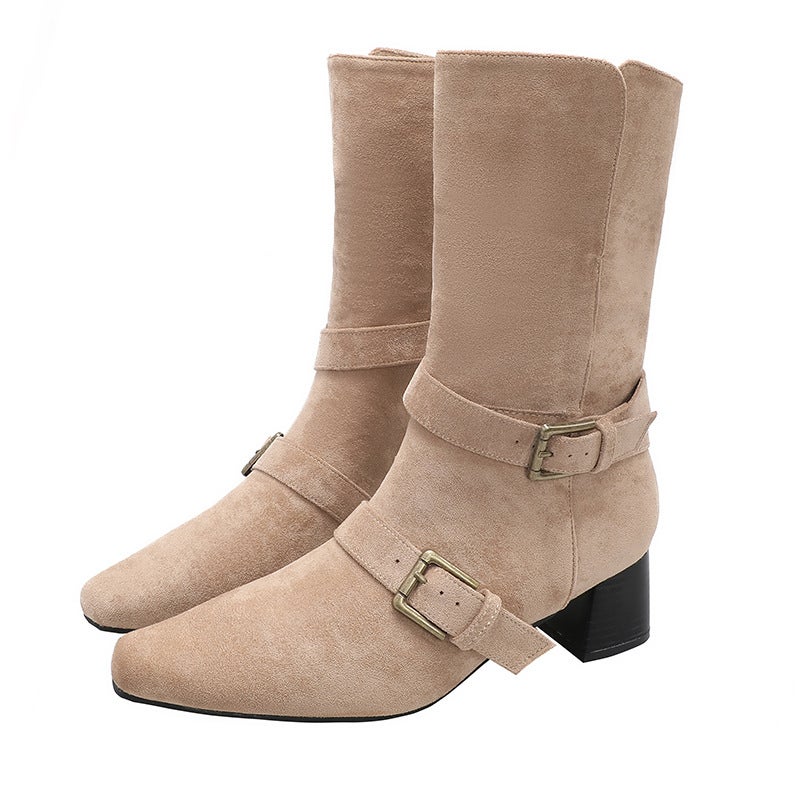 Belt Buckle Two-Wear Middle Boots Suede Chunky Heel Leather Boots New Style Square Head Thin Boots Women's Solid Color Martin Boots Middle Heel - Image 5