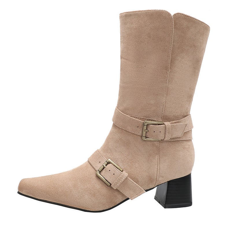 Belt Buckle Two-Wear Middle Boots Suede Chunky Heel Leather Boots New Style Square Head Thin Boots Women's Solid Color Martin Boots Middle Heel - Image 1