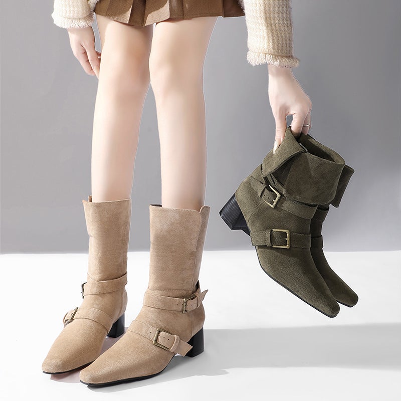 Belt Buckle Two-Wear Middle Boots Suede Chunky Heel Leather Boots New Style Square Head Thin Boots Women's Solid Color Martin Boots Middle Heel - Image 2
