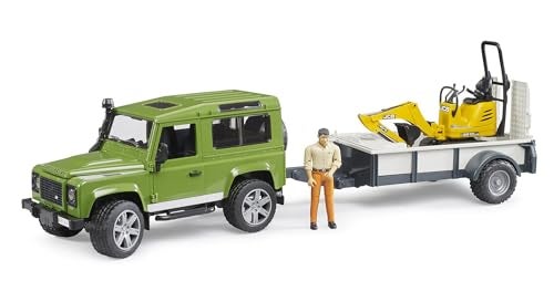 Bruder Land Rover Defender Rigid Drawbar Trailer Jcb Micro Excavator and Construction Worker - Image 1
