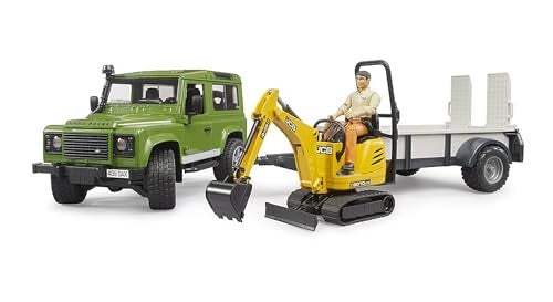Bruder Land Rover Defender Rigid Drawbar Trailer Jcb Micro Excavator and Construction Worker - Image 3