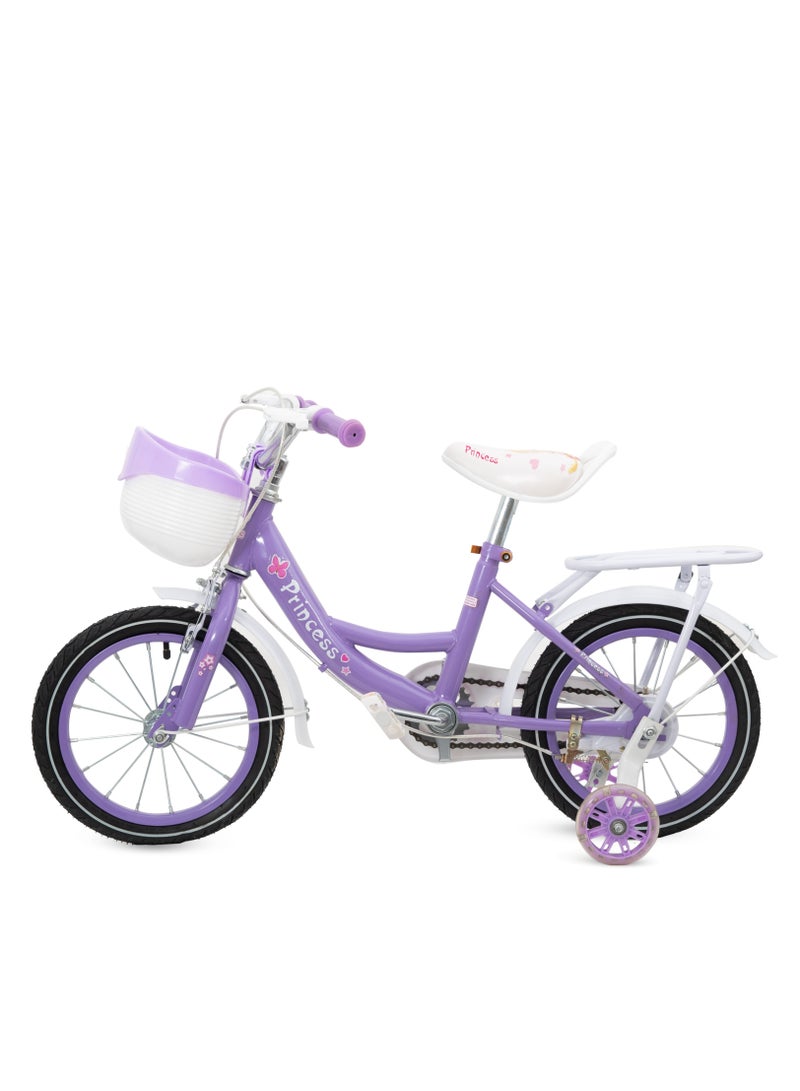 ام جي دراجة أطفال مقاس 14 بوصة مع مقعد حامل وسلة، غير مجمعة لعمر 2-7 سنوات - أرجواني - Image 1