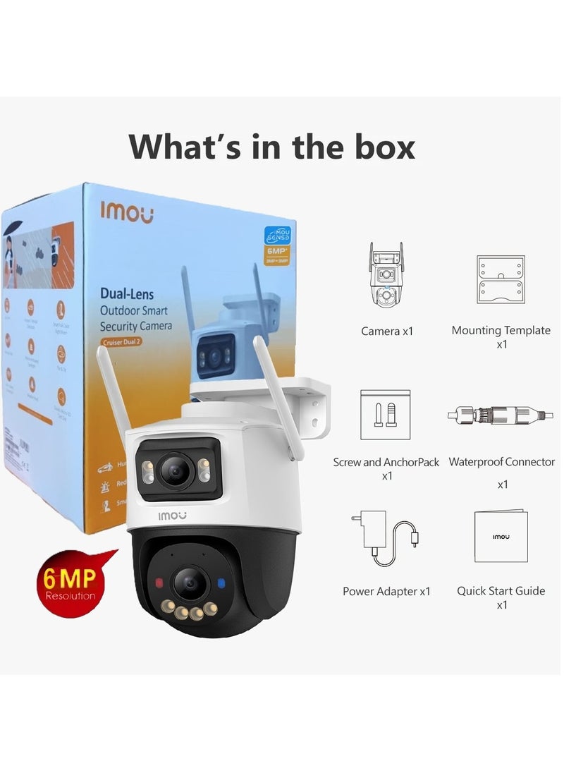 IMOU - Cruiser Dual Lens 6MP 3K Outdoor WiFi Surveillance Camera, Resolution (3MP fixed lens and 3MP PT lens), Color Night Vision up to 30m, AI Person/Vehicle Detection, Automatic PT Tracking, Two-Way Audio, IP66 (IPC-S7XEN-6M0WED) - Image 1