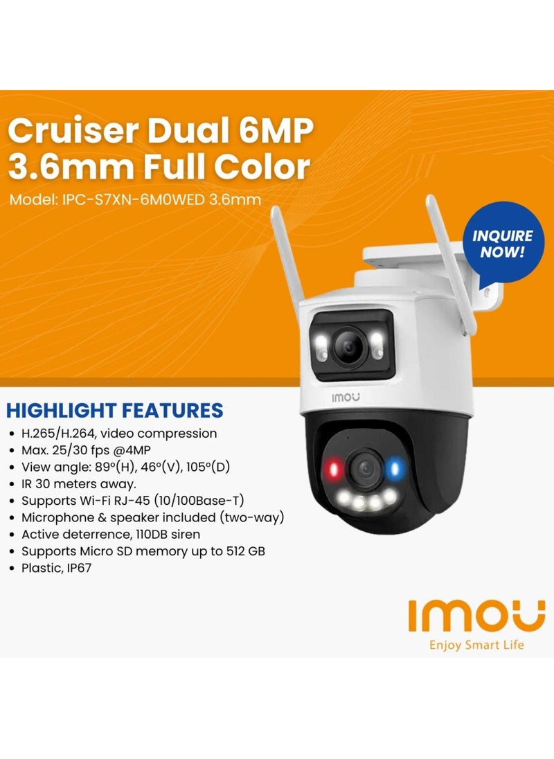 IMOU - Cruiser Dual Lens 6MP 3K Outdoor WiFi Surveillance Camera, Resolution (3MP fixed lens and 3MP PT lens), Color Night Vision up to 30m, AI Person/Vehicle Detection, Automatic PT Tracking, Two-Way Audio, IP66 (IPC-S7XEN-6M0WED) - Image 1
