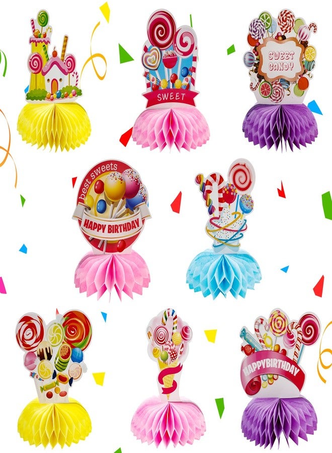 Ufurty Candy Party Honeycomb Centerpieces, 8 PCS Candy Themed Birthday Party Decorations Double-sided Printing Lollipop Table Topper Signs Sweet Candy Table Centerpieces for Kids Girls Boys Party Decor - Image 1