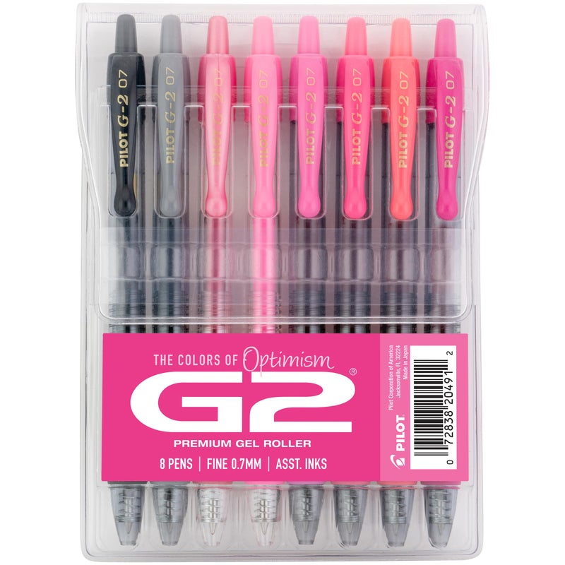 Pilot, G2 Premium Gel Roller Pens, G2 Boost Pink Pack, The Colors of Optimism, 8 Pack Pouch, Fine Point 0.7 mm, Assorted - Image 1