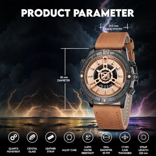V2A ChronoMaster Series Genuine Leather Analog Digital Watch for Men, Alloy Case, 3 ATM Water Resistant, Luminous Light, Stopwatch and Alarm | Perfect Mens Watch Birthday Rakhi Gift (Brown-Black) - Image 4