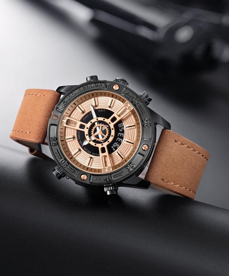 V2A ChronoMaster Series Genuine Leather Analog Digital Watch for Men, Alloy Case, 3 ATM Water Resistant, Luminous Light, Stopwatch and Alarm | Perfect Mens Watch Birthday Rakhi Gift (Brown-Black) - Image 2