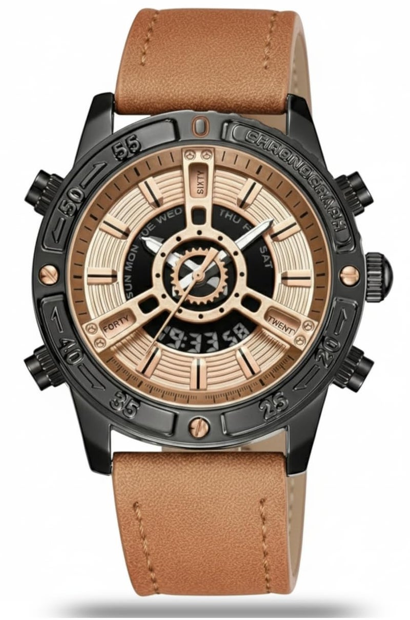 V2A ChronoMaster Series Genuine Leather Analog Digital Watch for Men, Alloy Case, 3 ATM Water Resistant, Luminous Light, Stopwatch and Alarm | Perfect Mens Watch Birthday Rakhi Gift (Brown-Black) - Image 1
