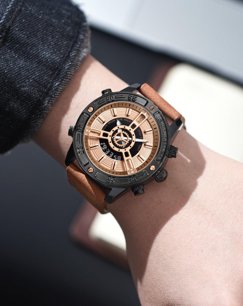 V2A ChronoMaster Series Genuine Leather Analog Digital Watch for Men, Alloy Case, 3 ATM Water Resistant, Luminous Light, Stopwatch and Alarm | Perfect Mens Watch Birthday Rakhi Gift (Brown-Black) - Image 3