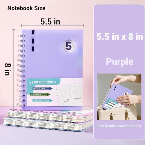 FLYING EAGLE Hardcover Spiral Notebooks for Work, A5 Small Notebook 5x7 with Dividers, Multi 5 Subject Wide Ruled, 204 Pages Lined Journal for Women, Violet - Image 2
