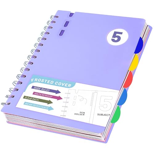 FLYING EAGLE Hardcover Spiral Notebooks for Work, A5 Small Notebook 5x7 with Dividers, Multi 5 Subject Wide Ruled, 204 Pages Lined Journal for Women, Violet - Image 1