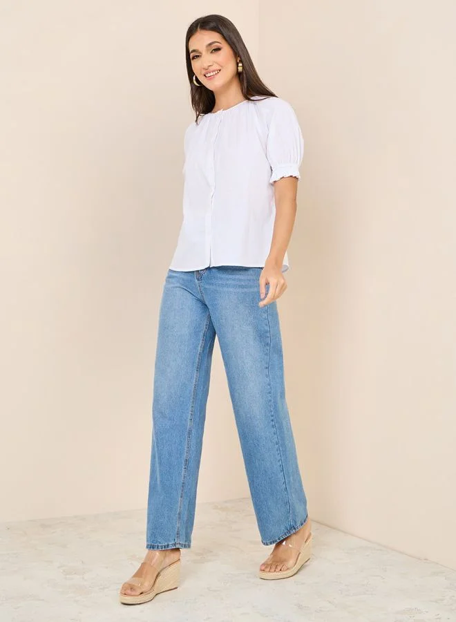 Styli Puff Sleeves Button Through Regular Fit Blouse