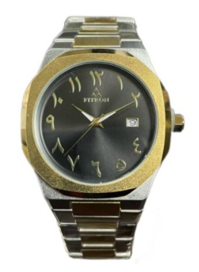 Fitron Men's Silver/Gold Wrist Watch with Black Dial and Date with Arabic Numbers - Image 1