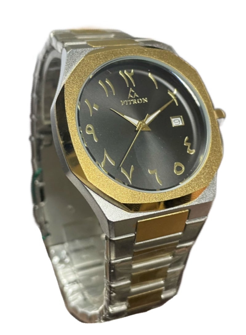 Fitron Men's Silver/Gold Wrist Watch with Black Dial and Date with Arabic Numbers - Image 2