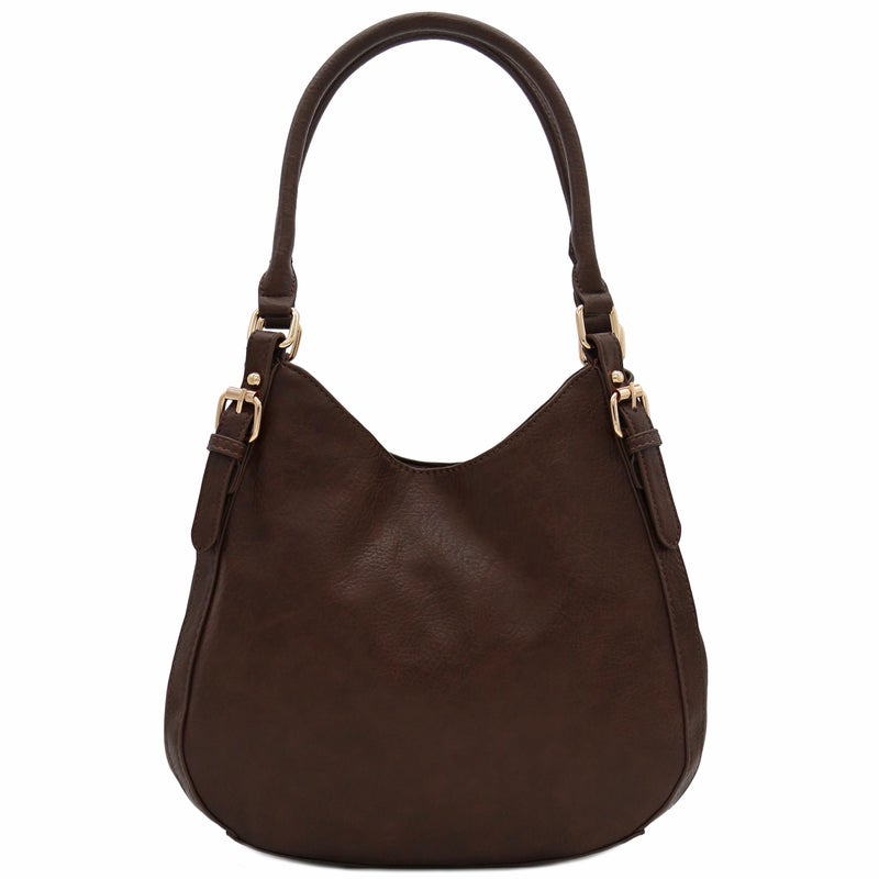 FashionPuzzle Light-weight 3 Compartment Faux Leather Medium Hobo Bag (Coffee) - Image 1
