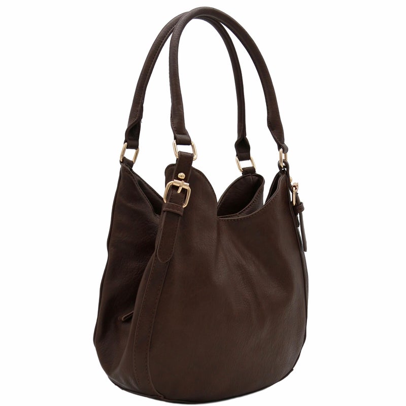 FashionPuzzle Light-weight 3 Compartment Faux Leather Medium Hobo Bag (Coffee) - Image 2
