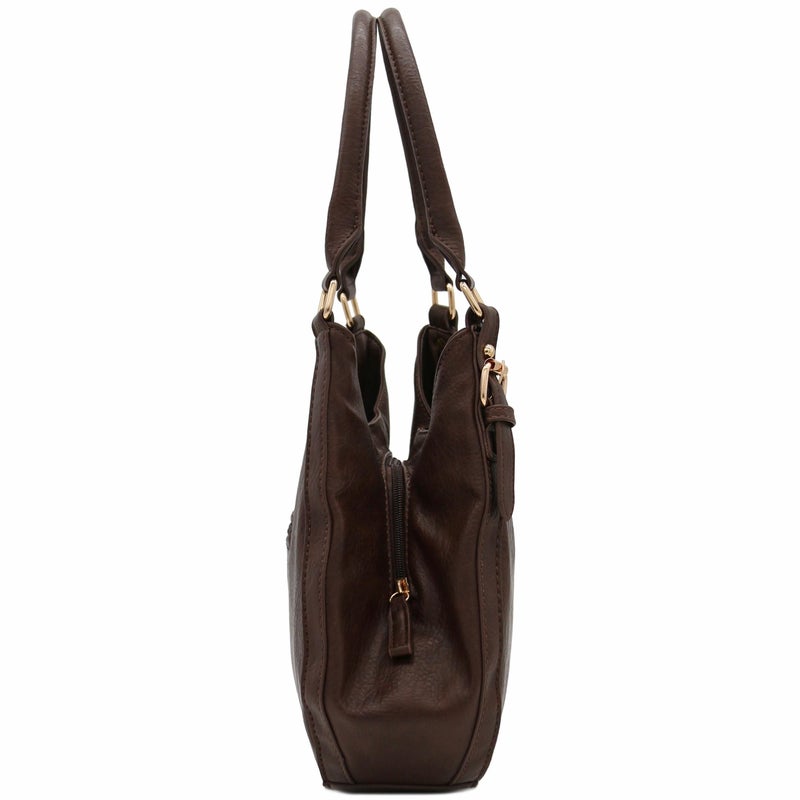 FashionPuzzle Light-weight 3 Compartment Faux Leather Medium Hobo Bag (Coffee) - Image 3