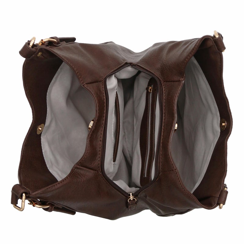 FashionPuzzle Light-weight 3 Compartment Faux Leather Medium Hobo Bag (Coffee) - Image 5