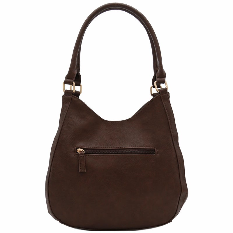 FashionPuzzle Light-weight 3 Compartment Faux Leather Medium Hobo Bag (Coffee) - Image 4