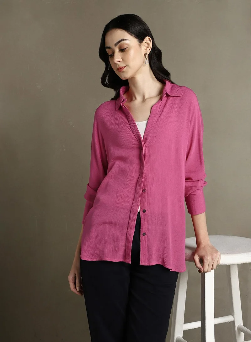 Women's Pink 100% Rayon Solid Oversized Shirt
