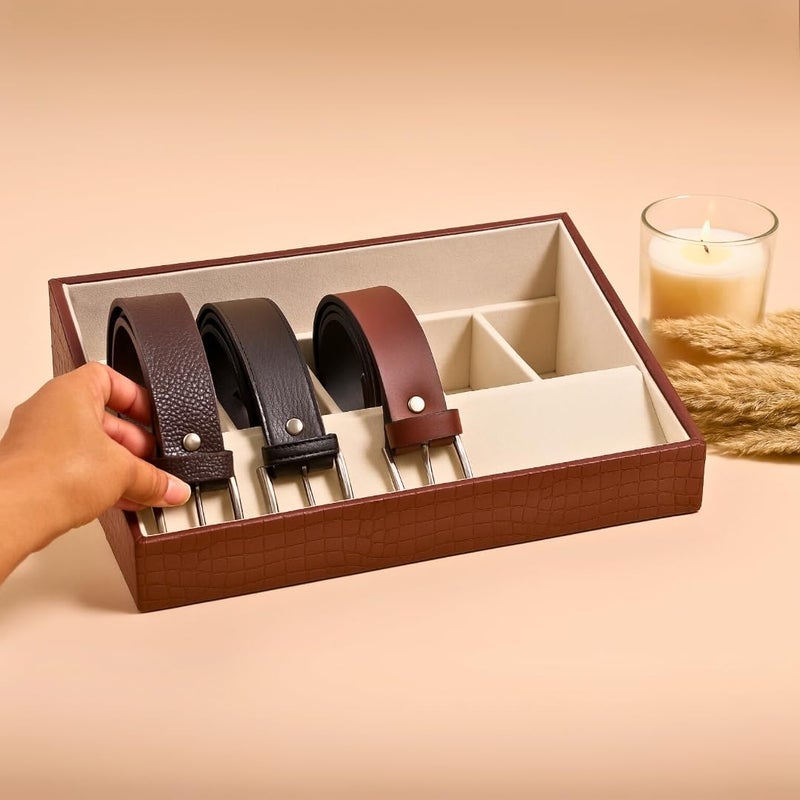 La Trove 5 Slot Brown Leather Belt Organizer Taper Tray for Wardrobe Closet - Image 1