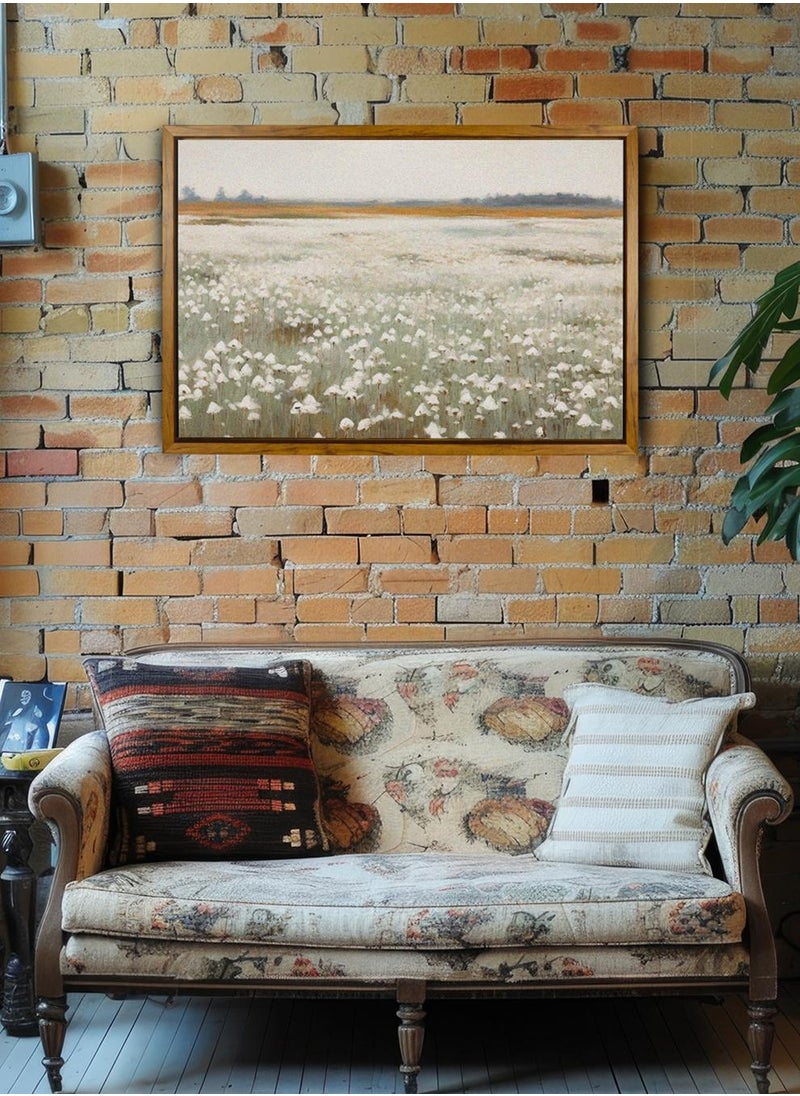 LOWHA Canvas Wall Art Stretched Over Wooden Frame with Wooden Color Floating Frame and Vintage Style White Flowers Painting  - Image 1