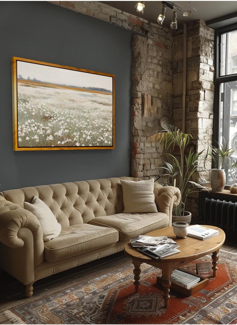 LOWHA Canvas Wall Art Stretched Over Wooden Frame with Wooden Color Floating Frame and Vintage Style White Flowers Painting  - Image 2
