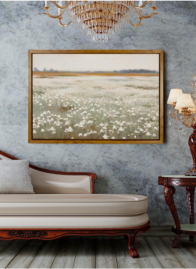LOWHA Canvas Wall Art Stretched Over Wooden Frame with Wooden Color Floating Frame and Vintage Style White Flowers Painting  - Image 3