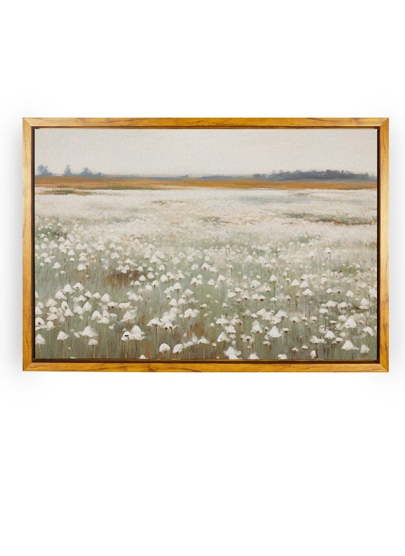 LOWHA Canvas Wall Art Stretched Over Wooden Frame with Wooden Color Floating Frame and Vintage Style White Flowers Painting  - Image 5