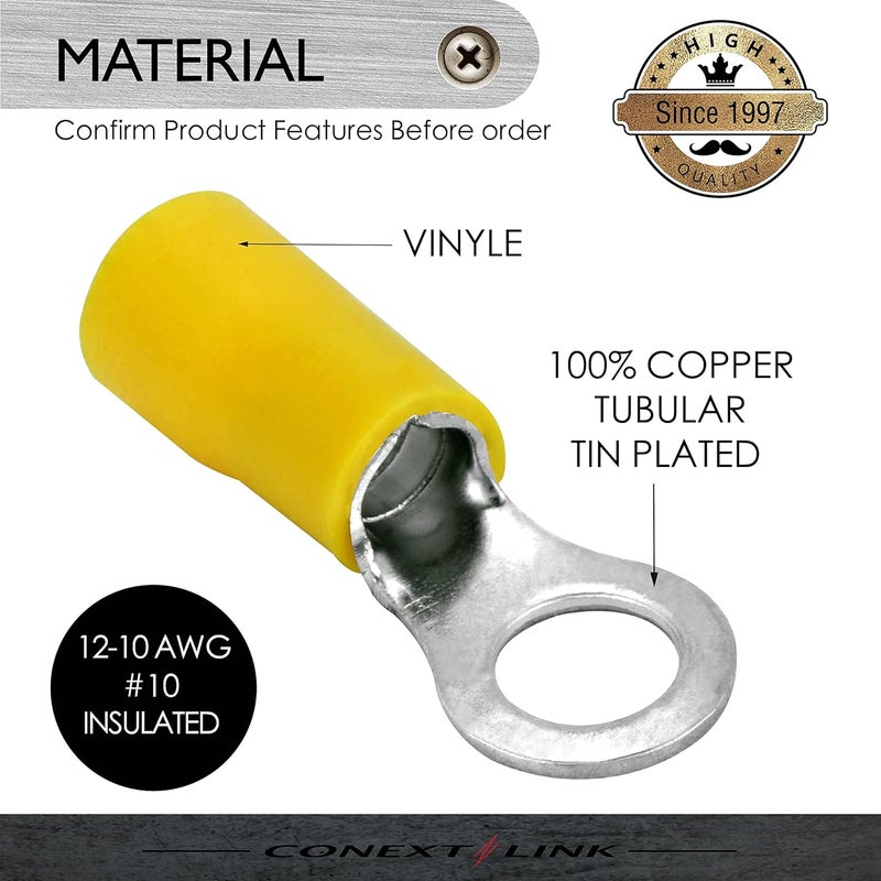 Conext Link RTV-10Y25 Vinyl Ring Terminal 25 Pack (#10 Stud, Yellow 12-10 Gauge) - Image 2