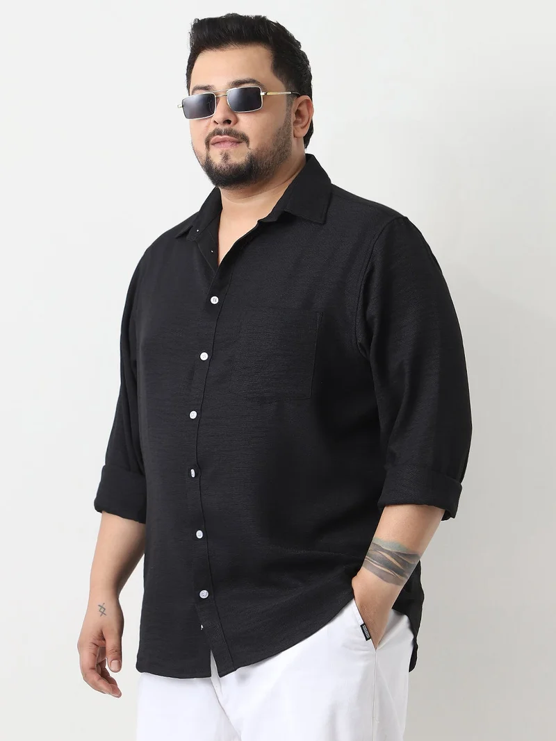 Urbano Plus Men's Black Linen Blend Full Sleeve Relaxed Fit Casual Solid Shirt