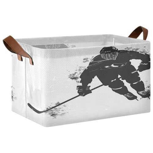 ALAZA Black White Ice Hockey Player Rectangular Closet Storage Box Storage Bin Basket Storage Cube with Leather Handles Nursery Storage Laundry Hamper 1 Piece - Image 1