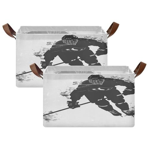 ALAZA Black White Ice Hockey Player Rectangular Closet Storage Box Storage Bin Basket Storage Cube with Leather Handles Nursery Storage Laundry Hamper 1 Piece - Image 3
