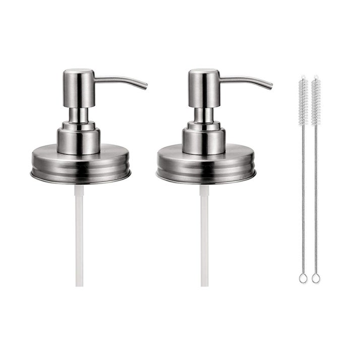2 PACK MASON JAR SOAP DISPENSER LIDS WITH PUMPS RUSTPROOF STAINLESS STEEL LOTION DISPENSER LIDS REPLACEMENT FOR 16 OZ REGULAR MOUTH MASON JAR DECOR 2 BRUSHES INCLUDED SILVER