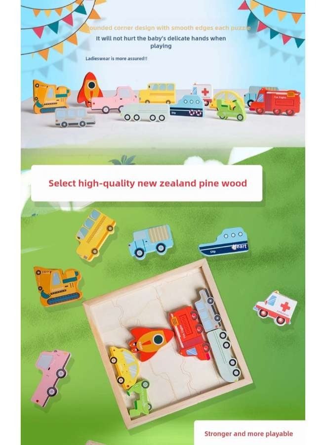 3D Cartoon Cognition Wooden Large Particle Puzzle for Kids Ages 2-4 Toys Parent-Child Interactive Montessori Toys for Children Learning Traffic Tools Police Car Truck Ship Train Fire Engine Excavator Plane and Color Early Education Toy - Image 3