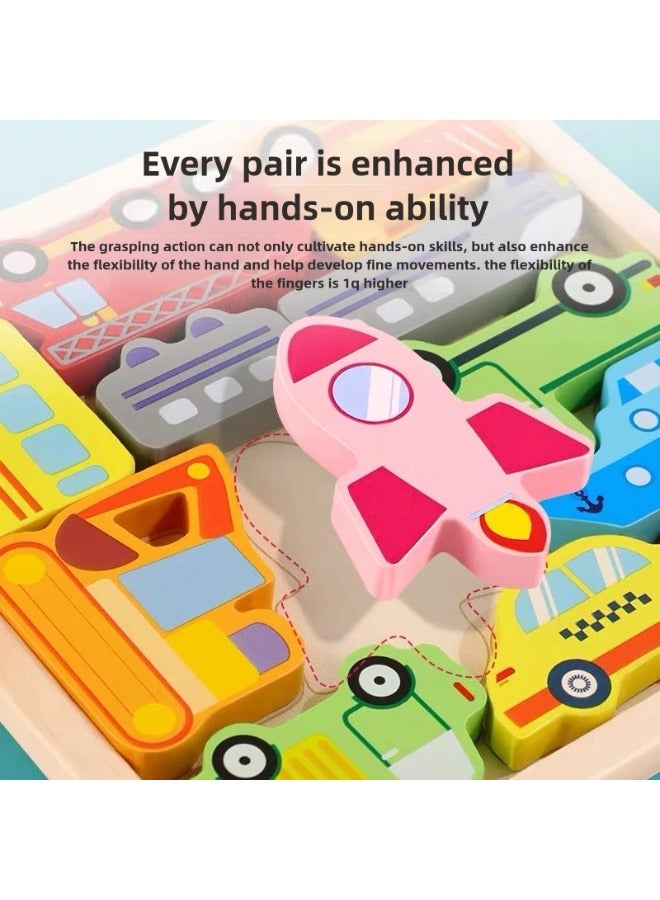 3D Cartoon Cognition Wooden Large Particle Puzzle for Kids Ages 2-4 Toys Parent-Child Interactive Montessori Toys for Children Learning Traffic Tools Police Car Truck Ship Train Fire Engine Excavator Plane and Color Early Education Toy - Image 2